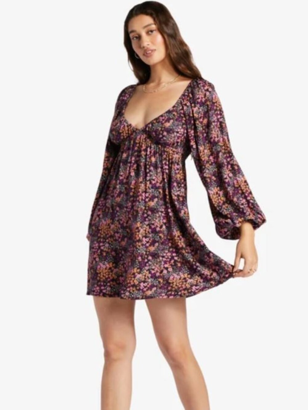 Roxy Sweetest Shores Floral Long Sleeve Babydoll Mini Dress, Size S